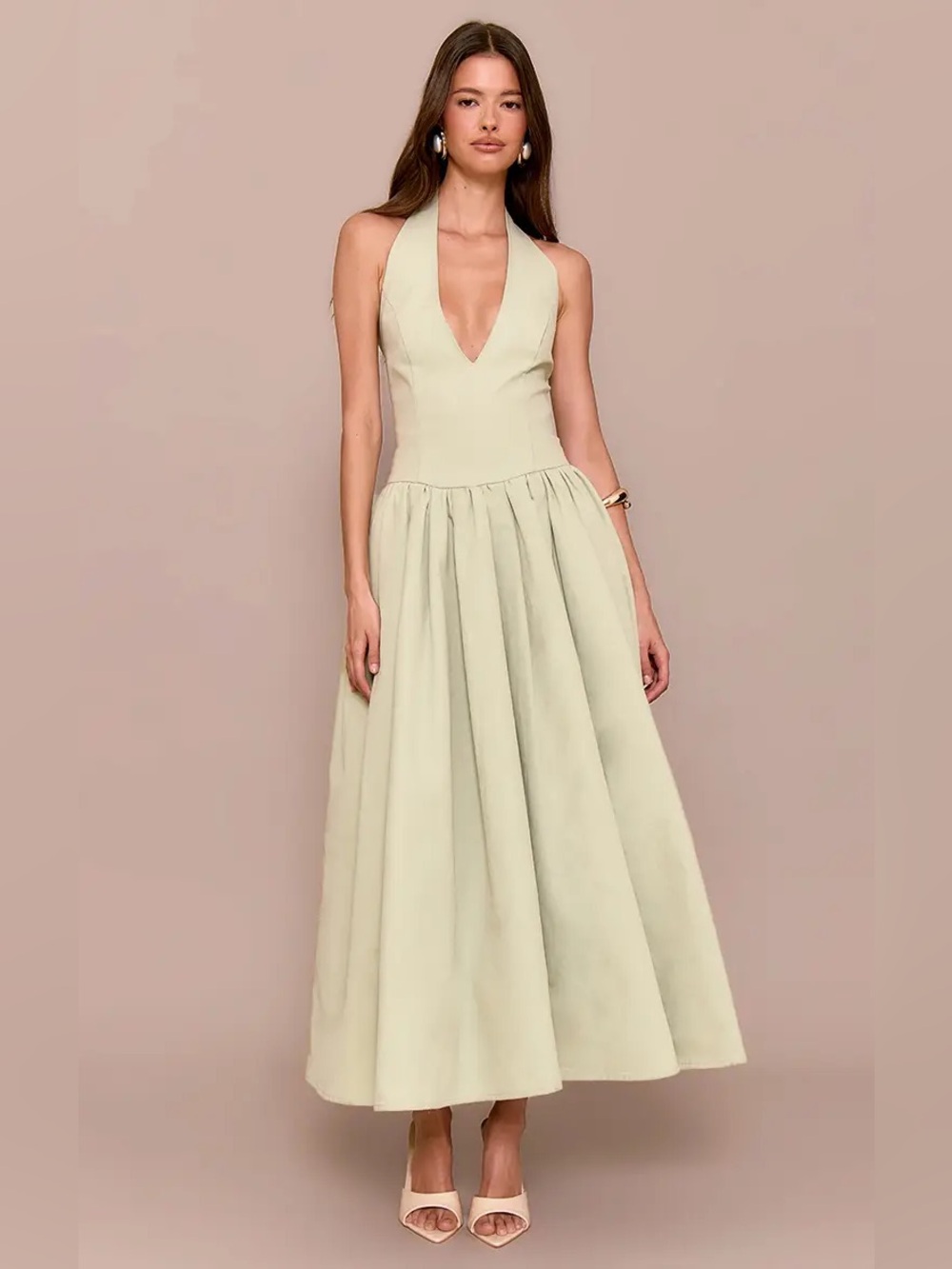 NWT PRETTYLITTLETHING Sage Green Halterneck Tie Detail Midaxi Dress